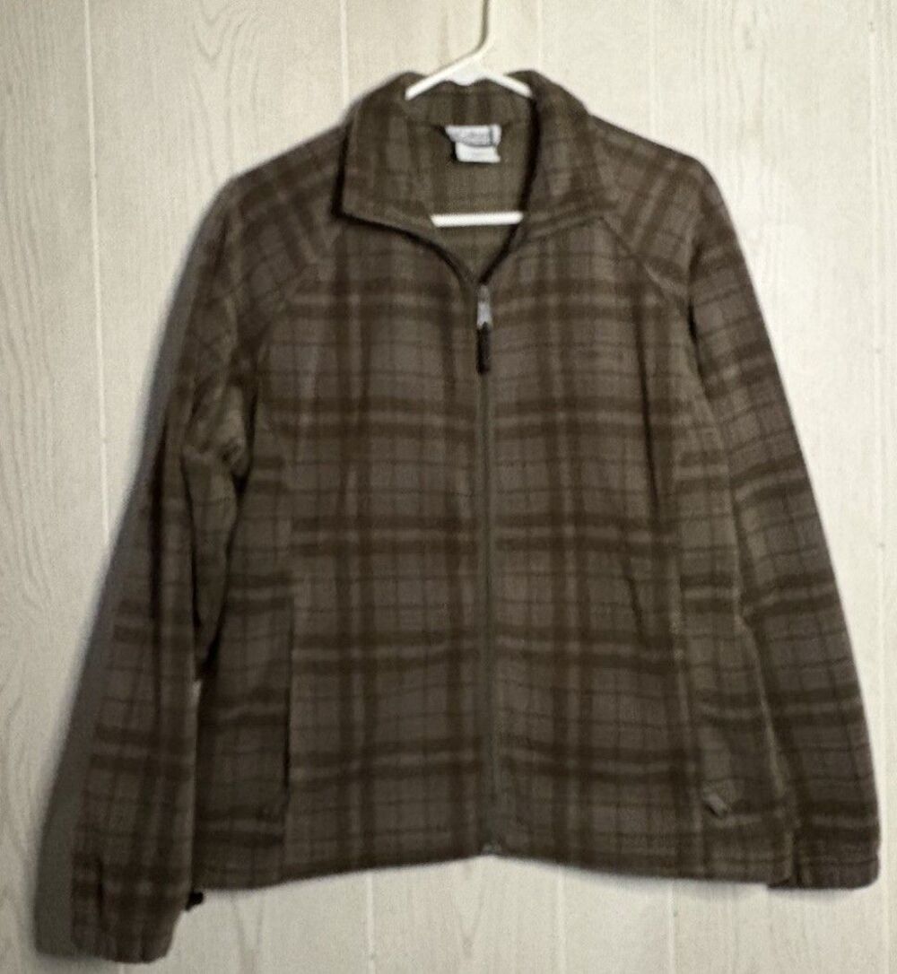 Columbia Women's Full Zip Fleece Jacket Size L Olive Moss Army Green Plaid